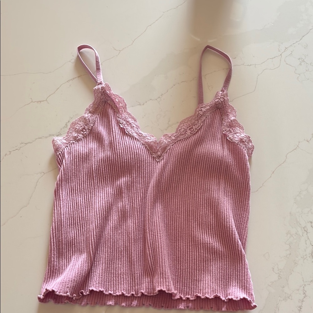 Pink Lace Trim Ribbed crop top